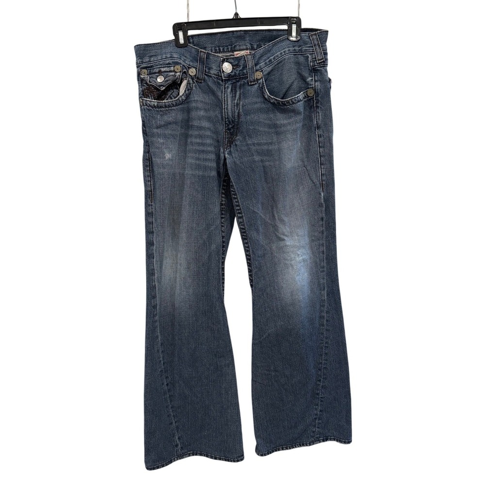 True Religion Joey Flare Jeans Mens 36 Blue Denim Horseshoe Twisted Seam Y2K